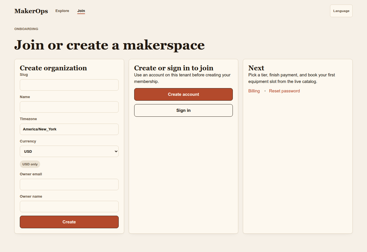 Actual MakerOps join screen in an automated simulation, showing organization setup and member sign-in